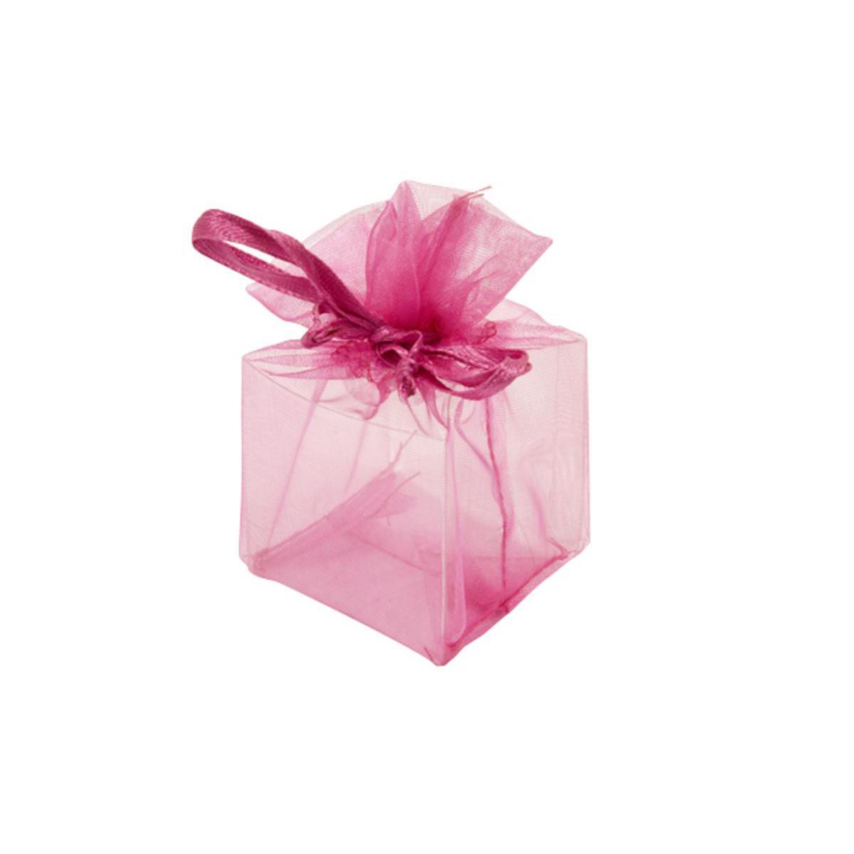 Carré transparent - Plastique et organza - 4 x 4 x 7 cm - Fuchsia