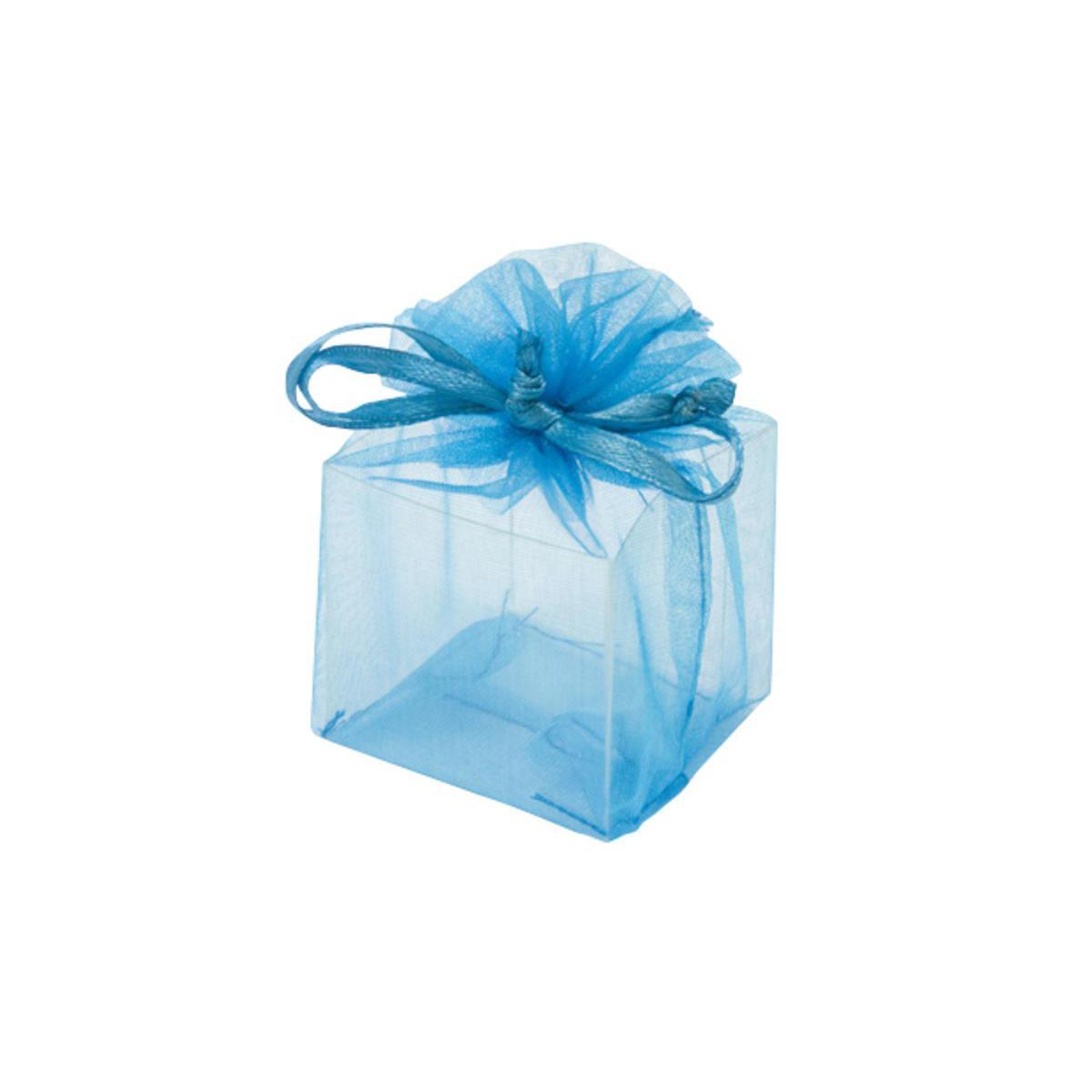Carré transparent - Plastique et organza - 4 x 4 x 7 cm - Turquoise