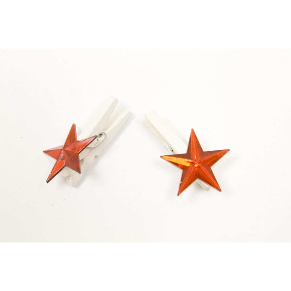 Sachet de 6 pinces à linge étoile cristal - Bois et plastique - 3 x 2 cm - Rouge