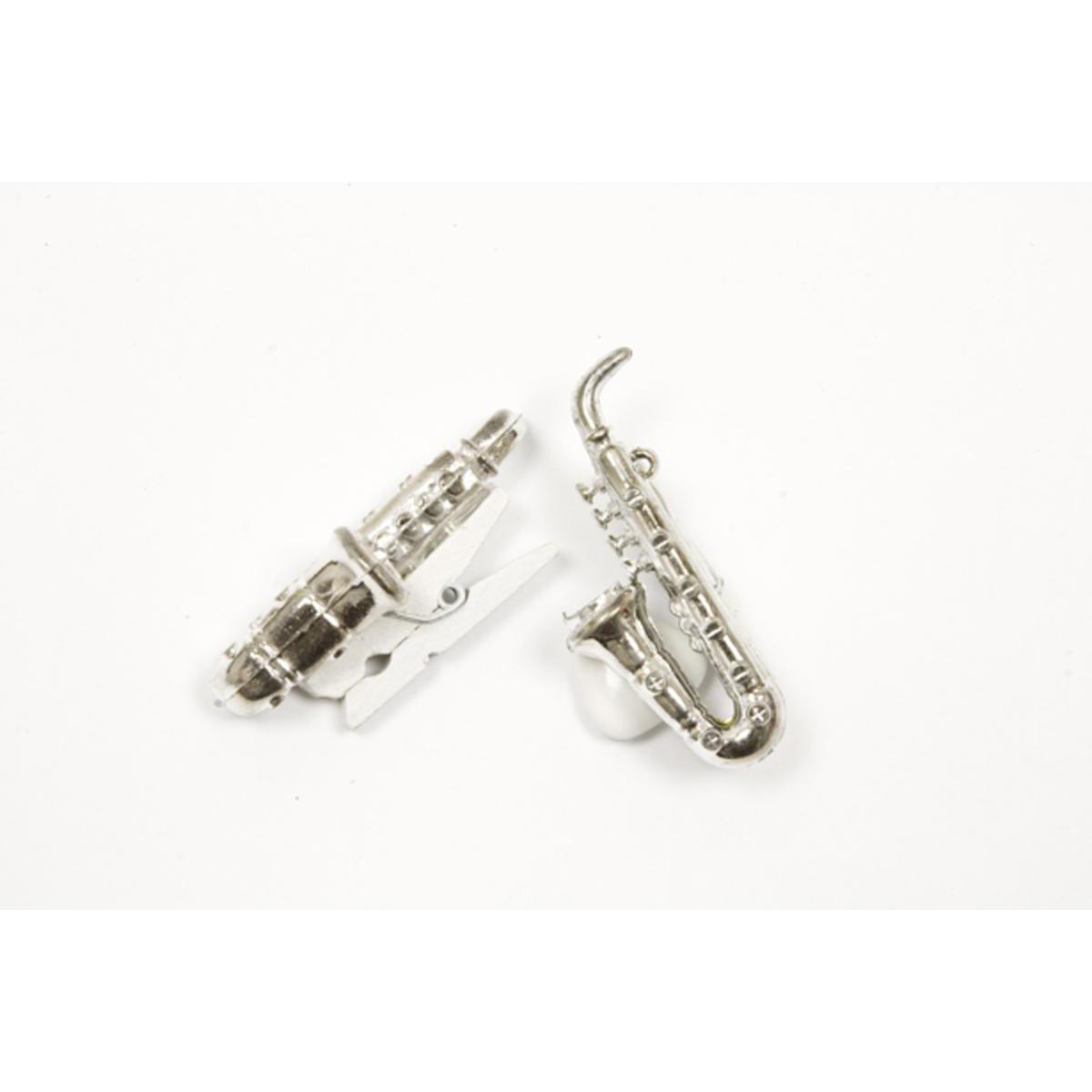 Lot de 5 saxophones sur pince - Bois et plastique - 1,5 x 4,3 cm - Argent