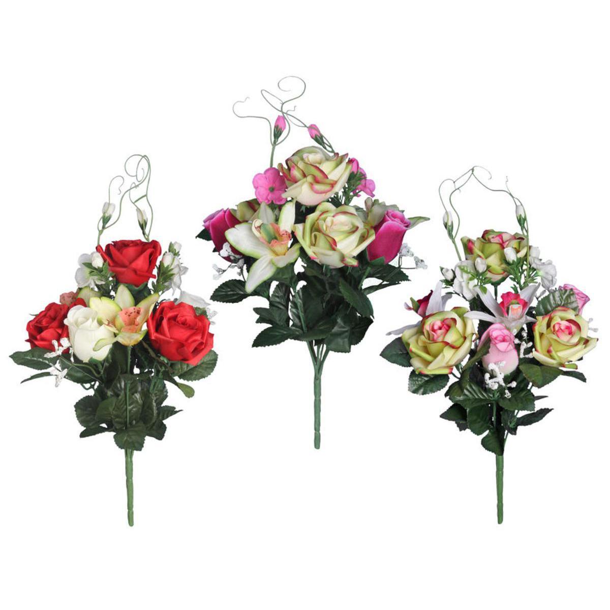 Bouquets de Roses et Cymbidiums - Plastique et polyester - H 37 cm - Rouge Blanc Rose Vert