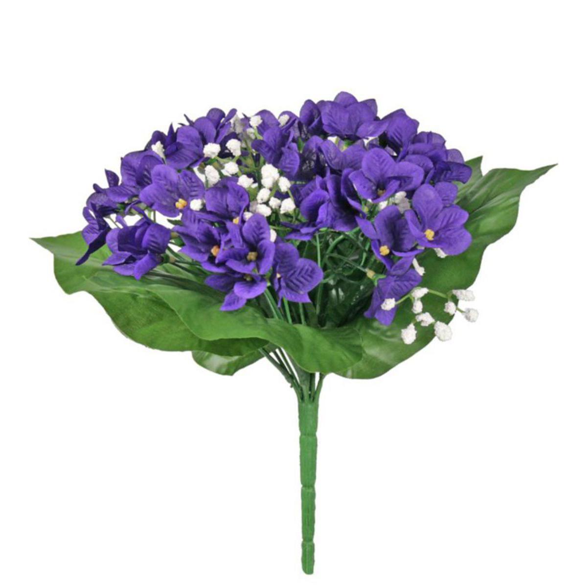 Bouquet de 14 violettes et gypsophiles - Plastique et polyester - H 28 cm - Violet