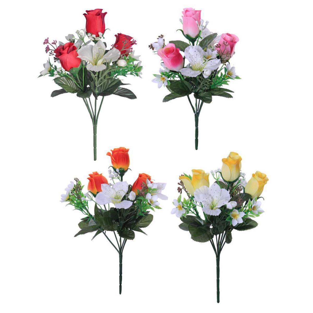 Bouquet de roses et lys - Plastique et polyester -  H 28 cm - Rouge Rose Orange Jaune