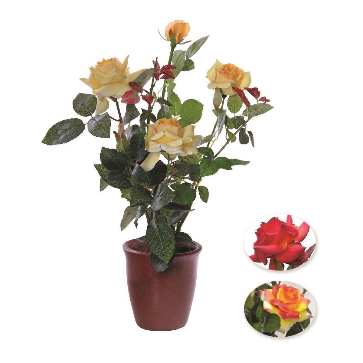 Rosier en pot, 3 fleurs et 2 boutons- Plastique et polyester - H 60 cm - Jaune Rouge Orange
