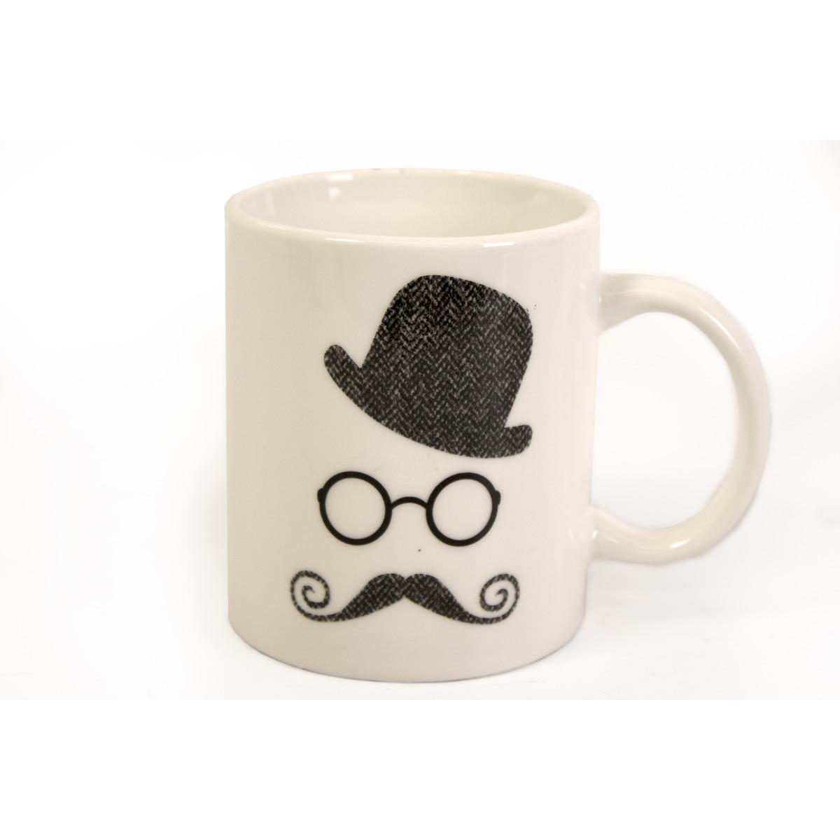 Mug déco moustache en céramique - 9,5 x 8 cm - Modèle Hook - Noir, blanc