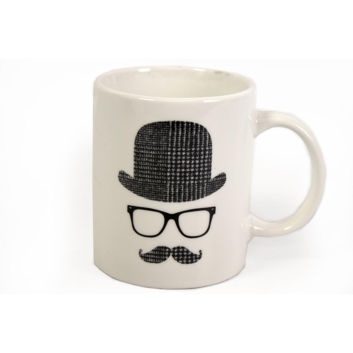 Mug déco moustache en céramique - 9,5 x 8 cm - Modèle Hercule Poirot - Noir, blanc