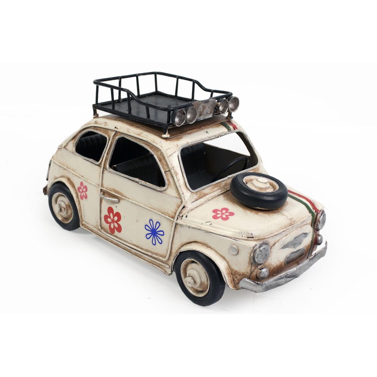 Voiture vintage modèle Fiat 500 crème en métal - Longueur 27 cm