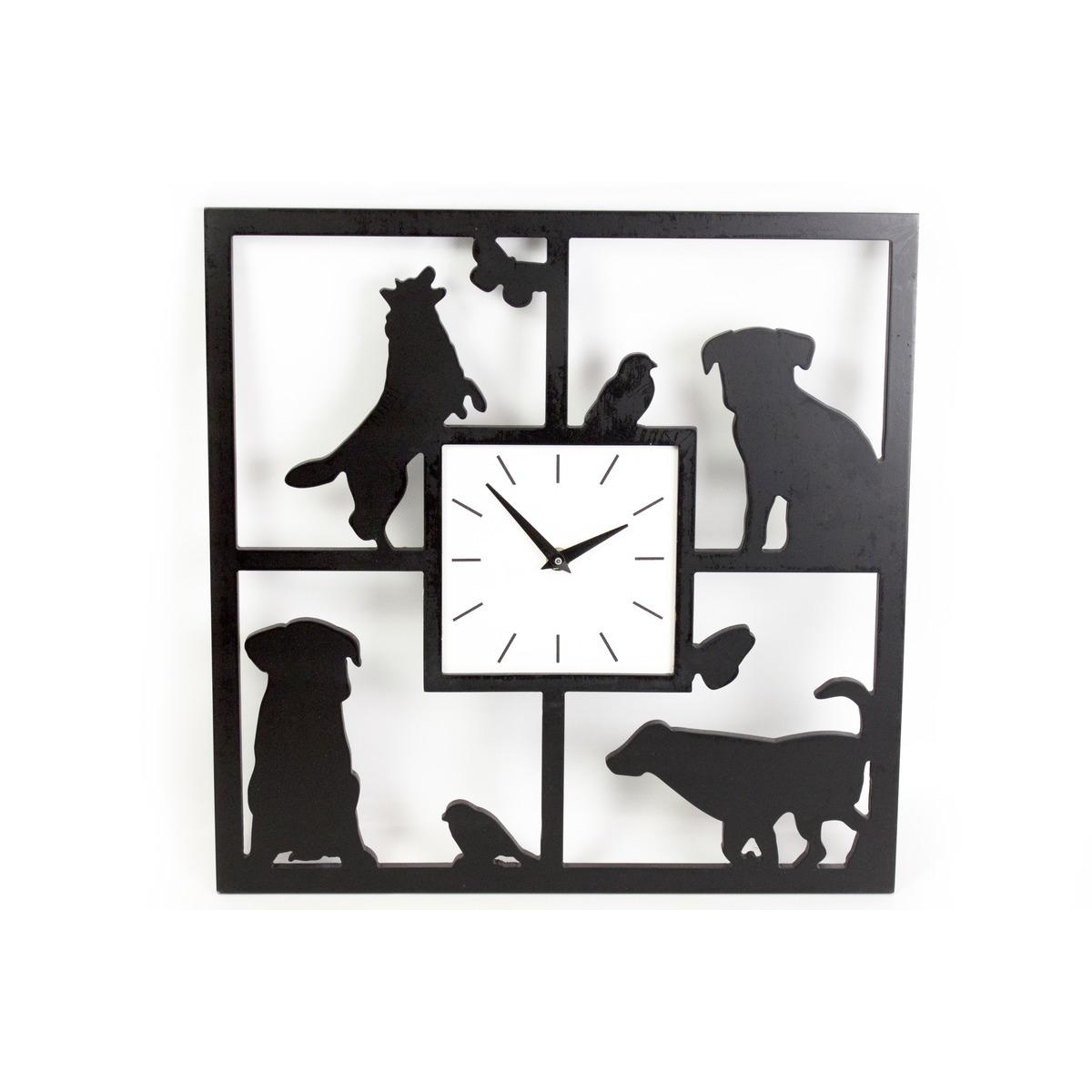 Pendule noir motif chiens en métal - 40 x 40 cm