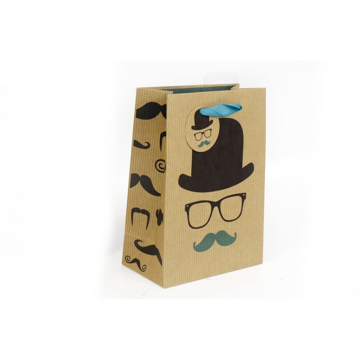 Pochette en carton original - motif Chapeau et moustache - Anse renforcée - Bleu