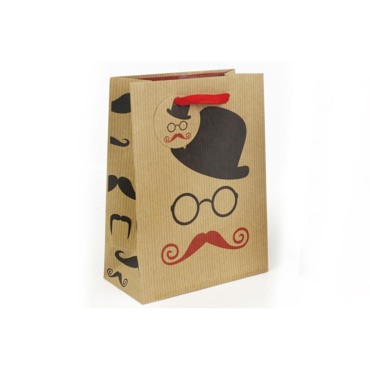 Pochette en carton original - motif Chapeau et moustache - Anse renforcée - Rouge