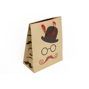 Pochette en carton original - motif Chapeau et moustache - Anse renforcée - Rouge