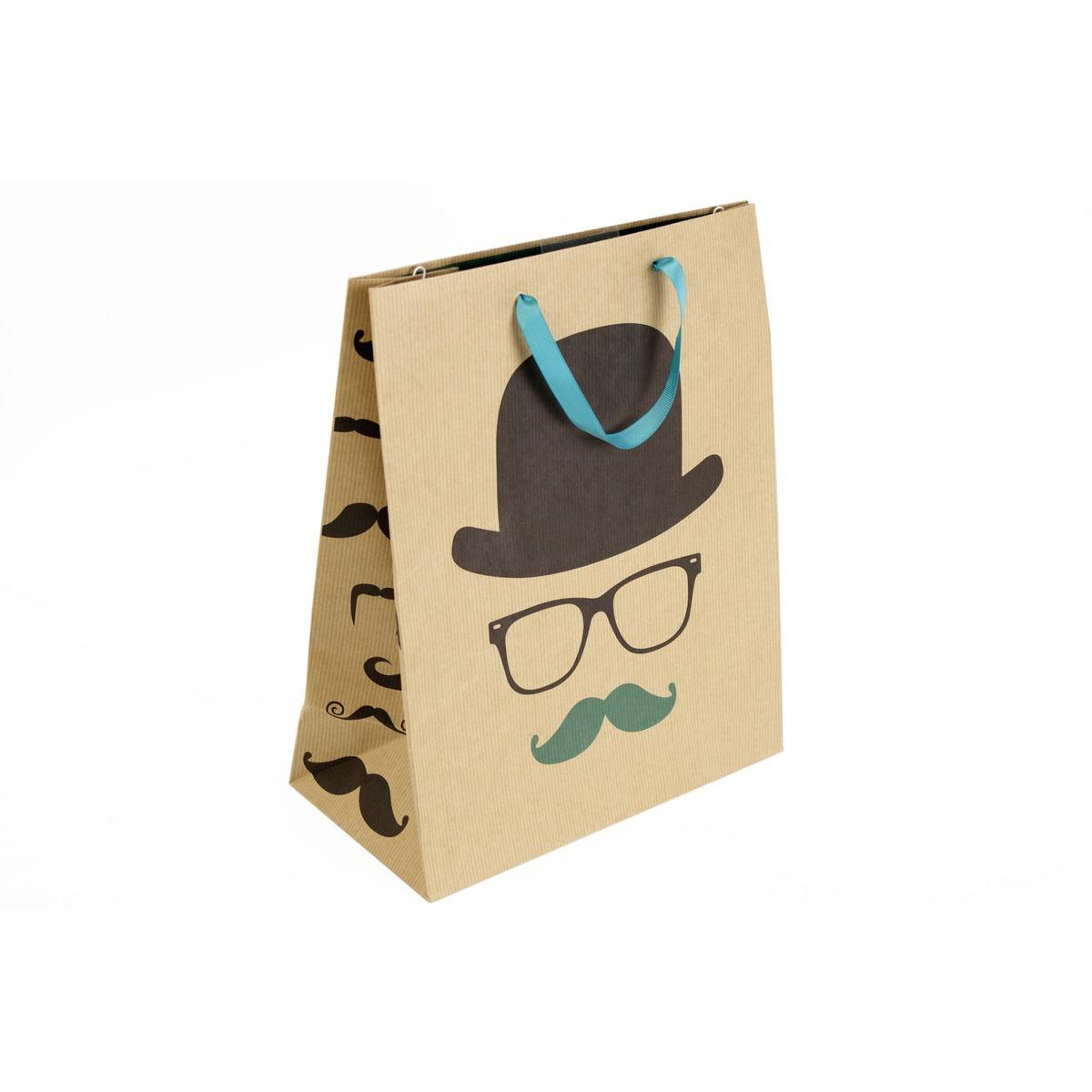 Pochette en carton original -motif Chapeau et moustache - Anse renforcée - Bleu