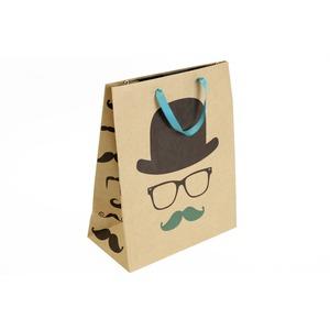 Pochette en carton original -motif Chapeau et moustache - Anse renforcée - Bleu