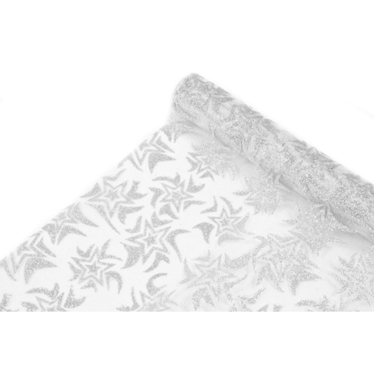 Rouleau pailleté motifs étoilés - Organza - 28 cm x 5 m - Blanc et argent