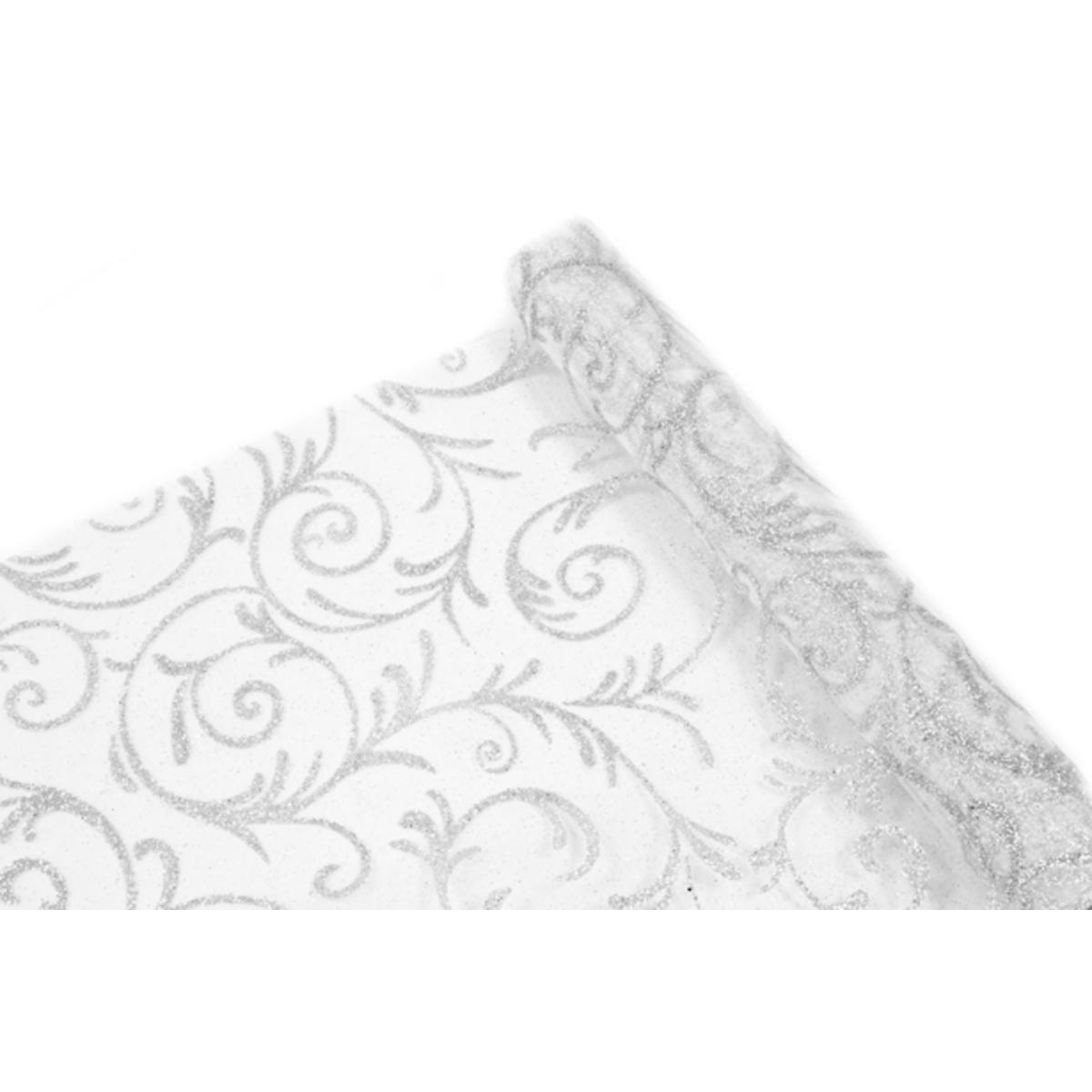 Rouleau pailleté motifs arabesques - Organza - 28 cm x 5 m - Blanc et argent