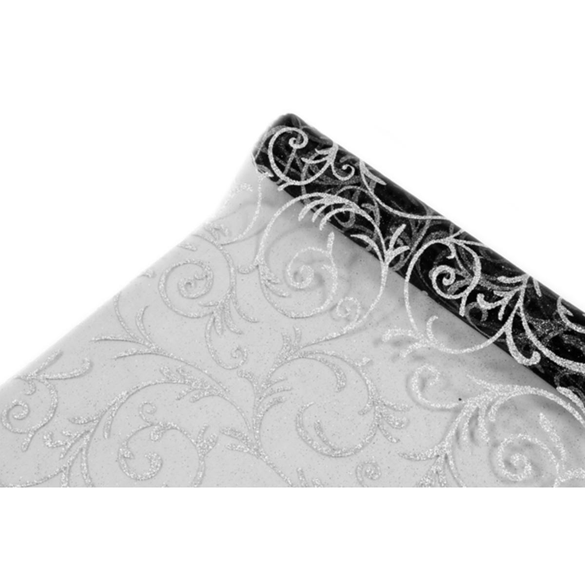 Rouleau pailleté motifs arabesques - Organza - 28 cm x 5 m - Blanc et argent