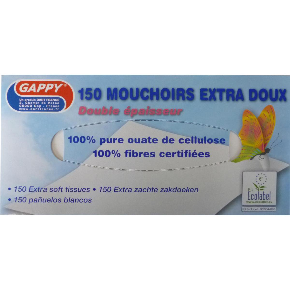 Lot de 150 mouchoirs papier en boite distributrice Gappy - 20 x 20 cm - Pure Ouate de Cellulose - Blanc