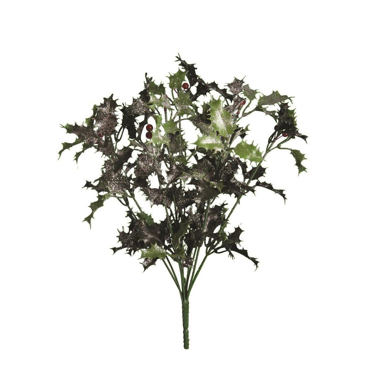 Bouquet de houx et baies givrées irisées - Plastique, Polyester - H 40 cm - Vert