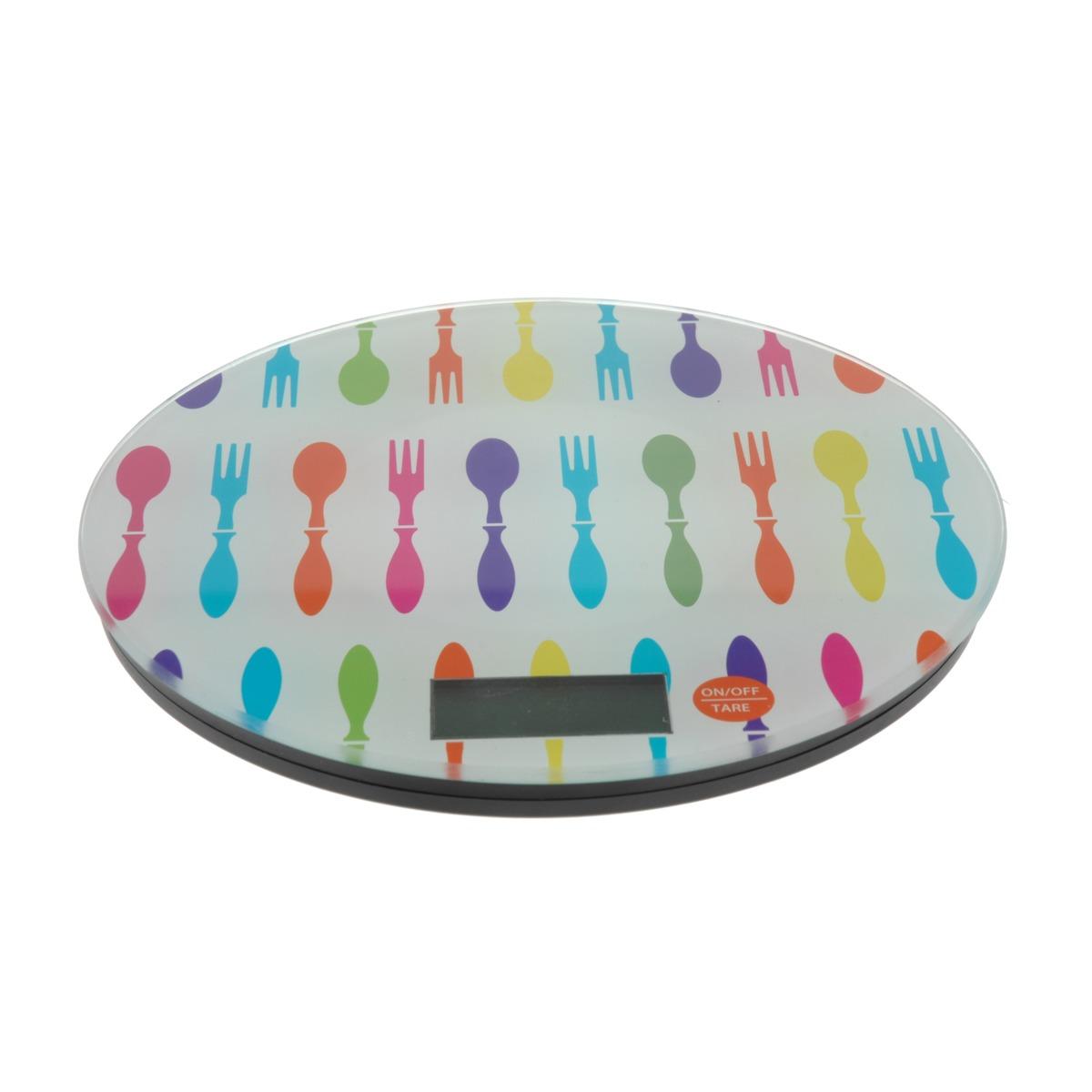 Balance de cuisine couleurs pop jusque 5 kg - Piles incluses - Diamètre 19 cm - Modèle Couverts