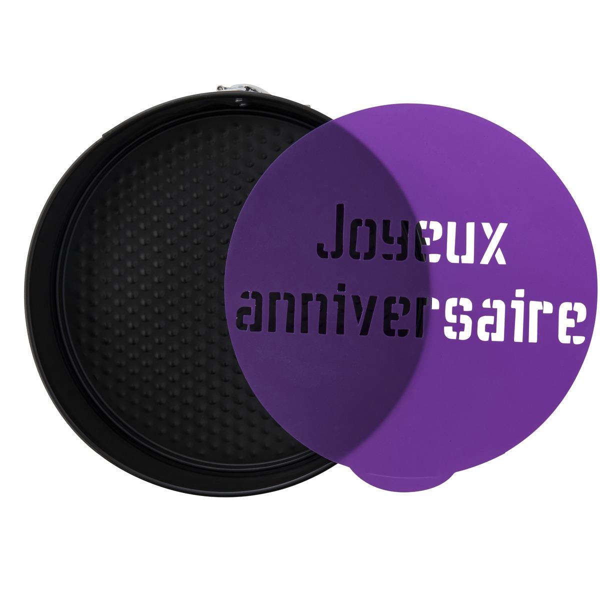 Moule à manqué avec fond amovible et pochoir joyeux anniversaire - Diamètre 28 cm - Violet