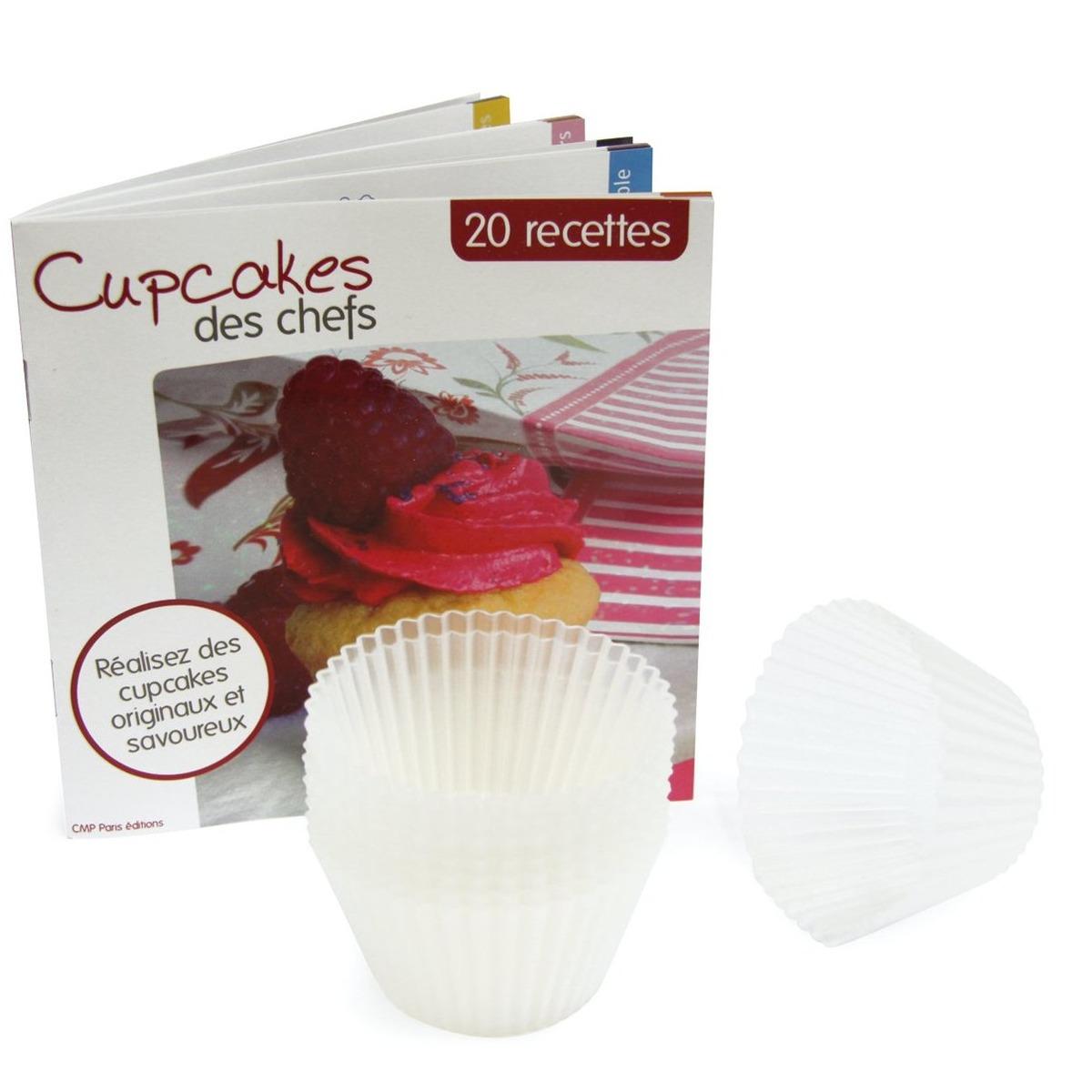 Coffret réalisation de cupcakes - 8 moules en silicone et livret - 20 x 23 cm - Blanc