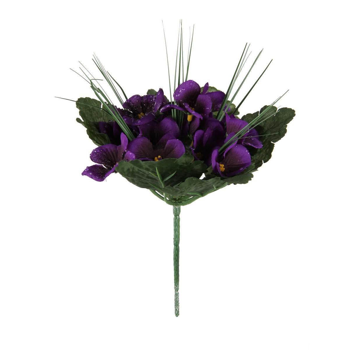 Mini bouquet de violettes et gouttes d'eau - Plastique, Polyester - H 21 cm - Violet