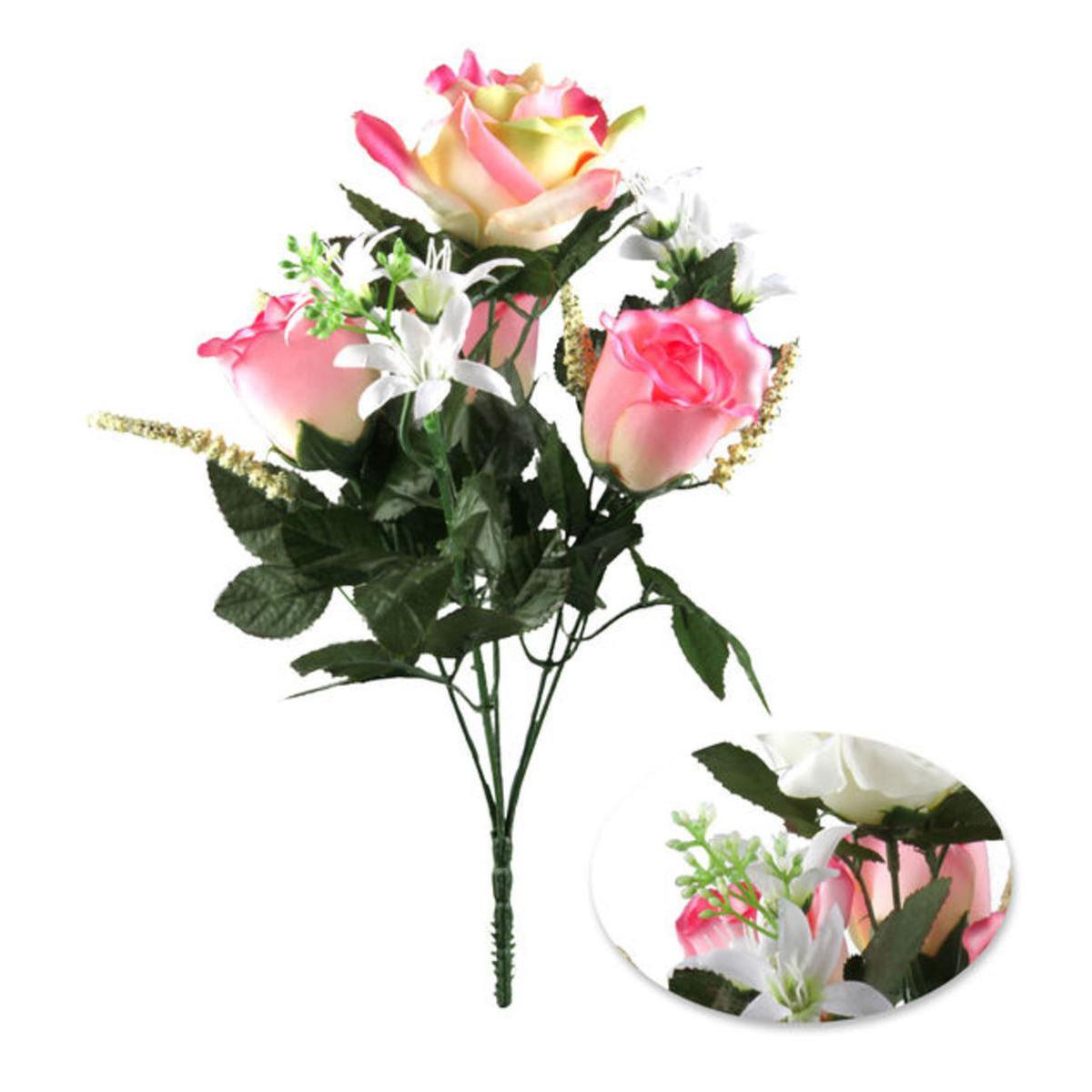 Bouquet de roses - Plastique, Polyester - H 36 cm - Rose Rouge Vert