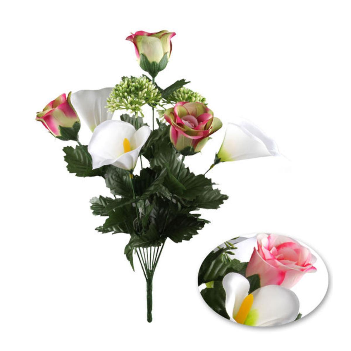 Bouquet de roses et arums - Plastique, Polyester - H 40 cm - Rose Vert