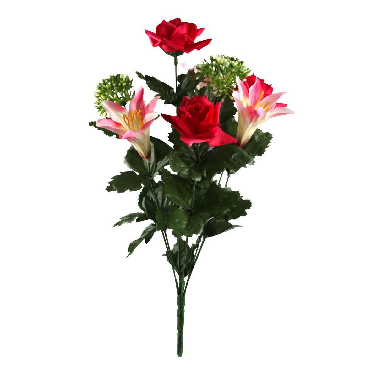 Bouquet de rose et lys - Plastique, Polyester - H 39 cm - Beige Rose