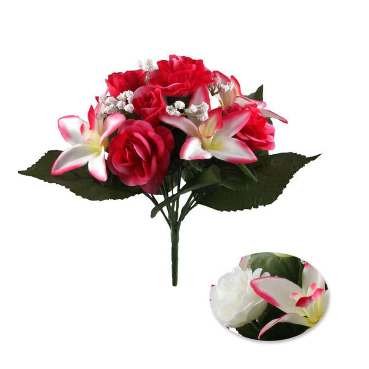 Bouquet de rose et lys - Plastique, Polyester - 27 cm - Blanc Rose