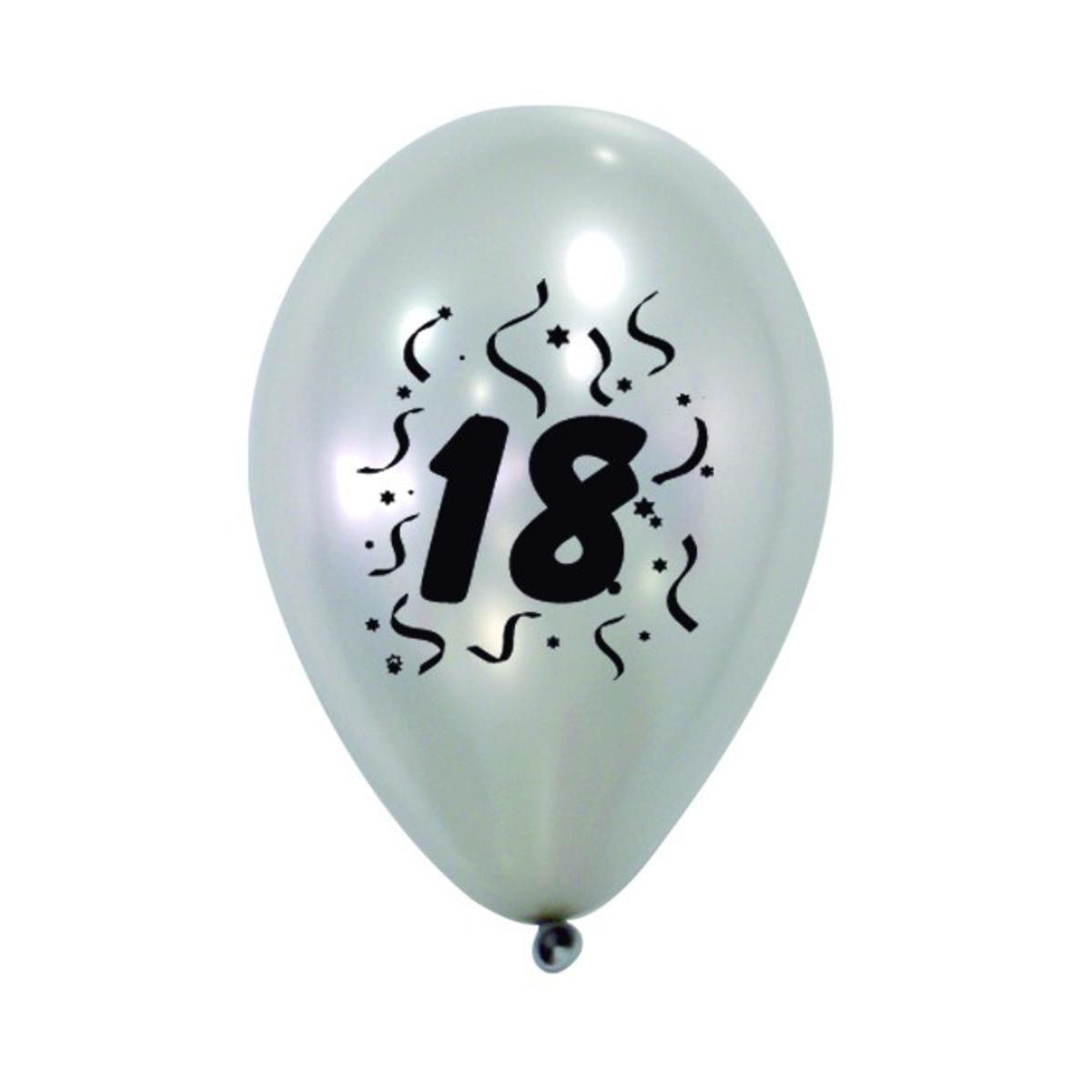 8 ballons nacrés imprimés 18 ans - Latex - ø 28 cm - Argent