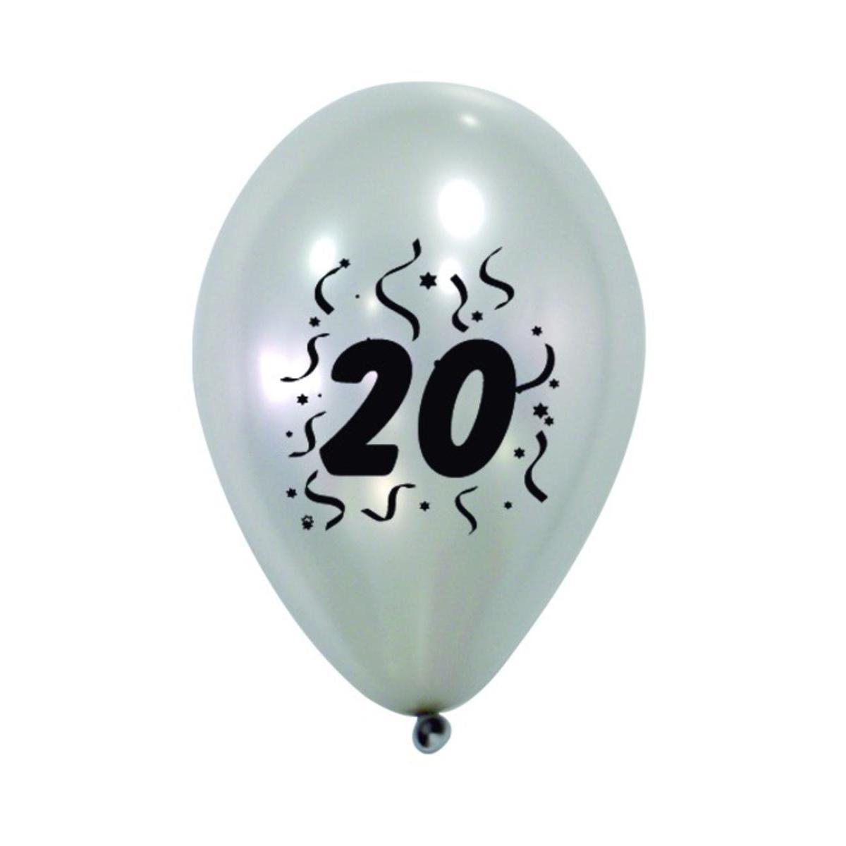 8 ballons nacrés imprimés 20 ans - Latex - ø 28 cm - Argent