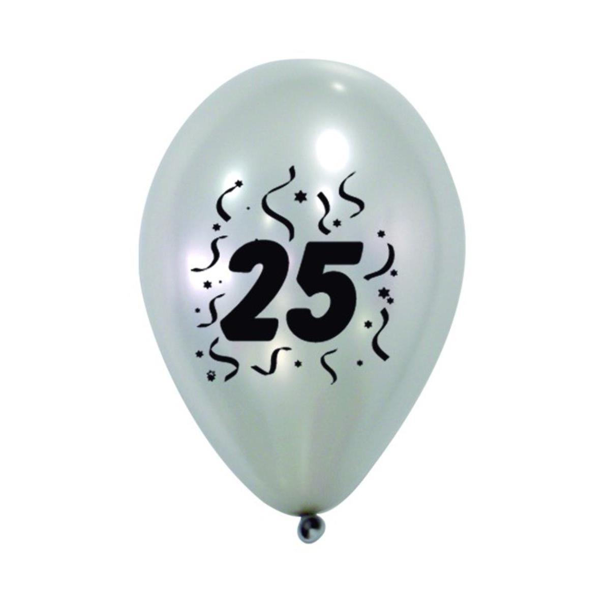 8 ballons nacrés imprimés 25 ans - Latex - ø 28 cm - Argent
