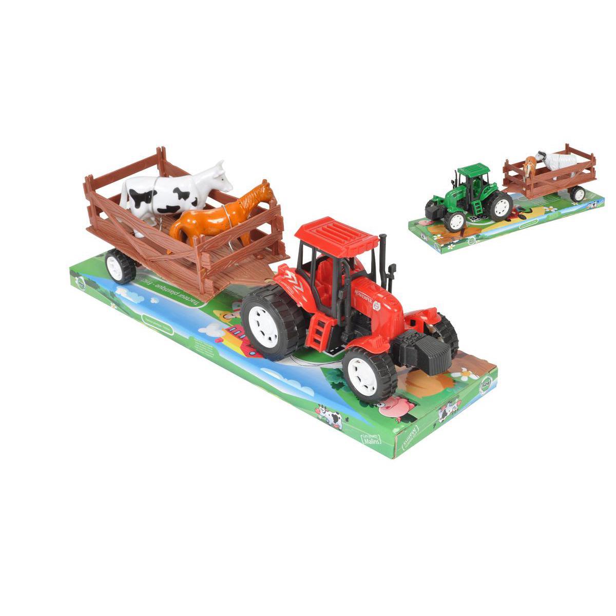 Tracteur + remorque + animaux - Plastique - 28 cm - Rouge, Vert