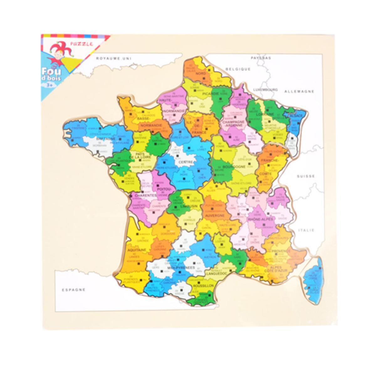 Carte des départements de France en bois - 30 x 30 x 0,8 cm - Multicolore