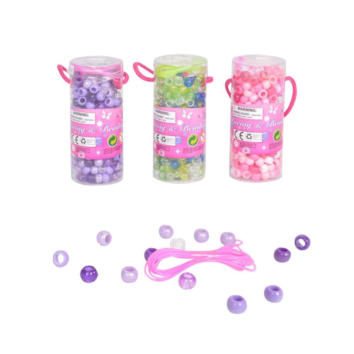 Tube de 300 perles en plastique - 10 x 4,5 cm - Rose, Vert, Violet