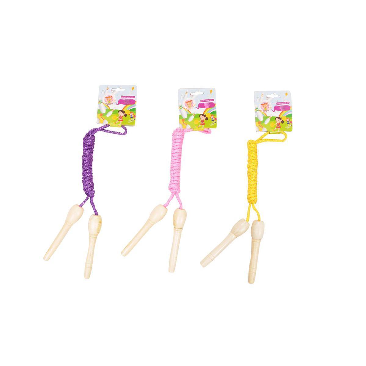 Corde à sauter avec poignées en bois - 2 mètres - Rose, Violet, Jaune