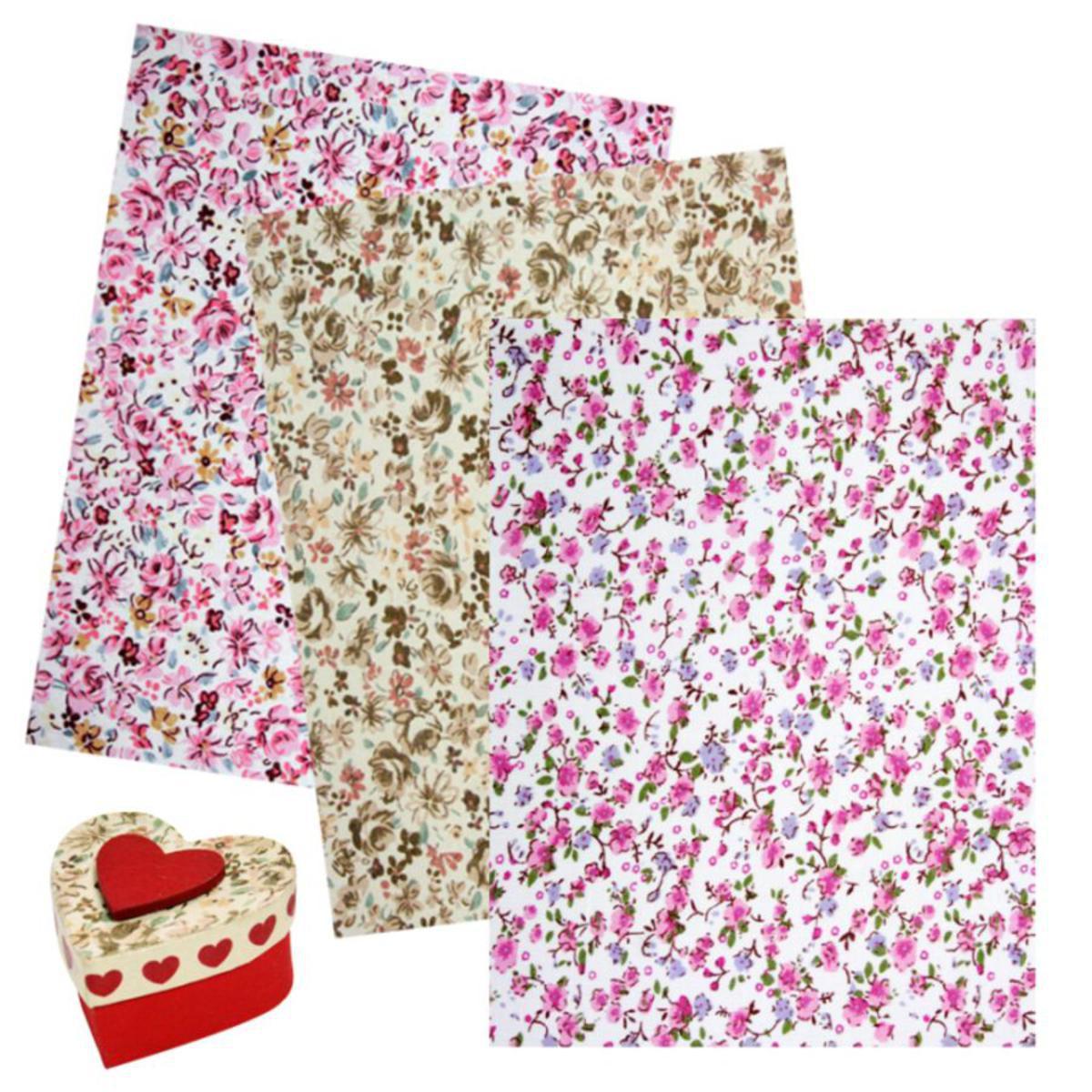 Lot de 3 coupons tissus fleurs en coton - 15 x 20 cm - Multicolore