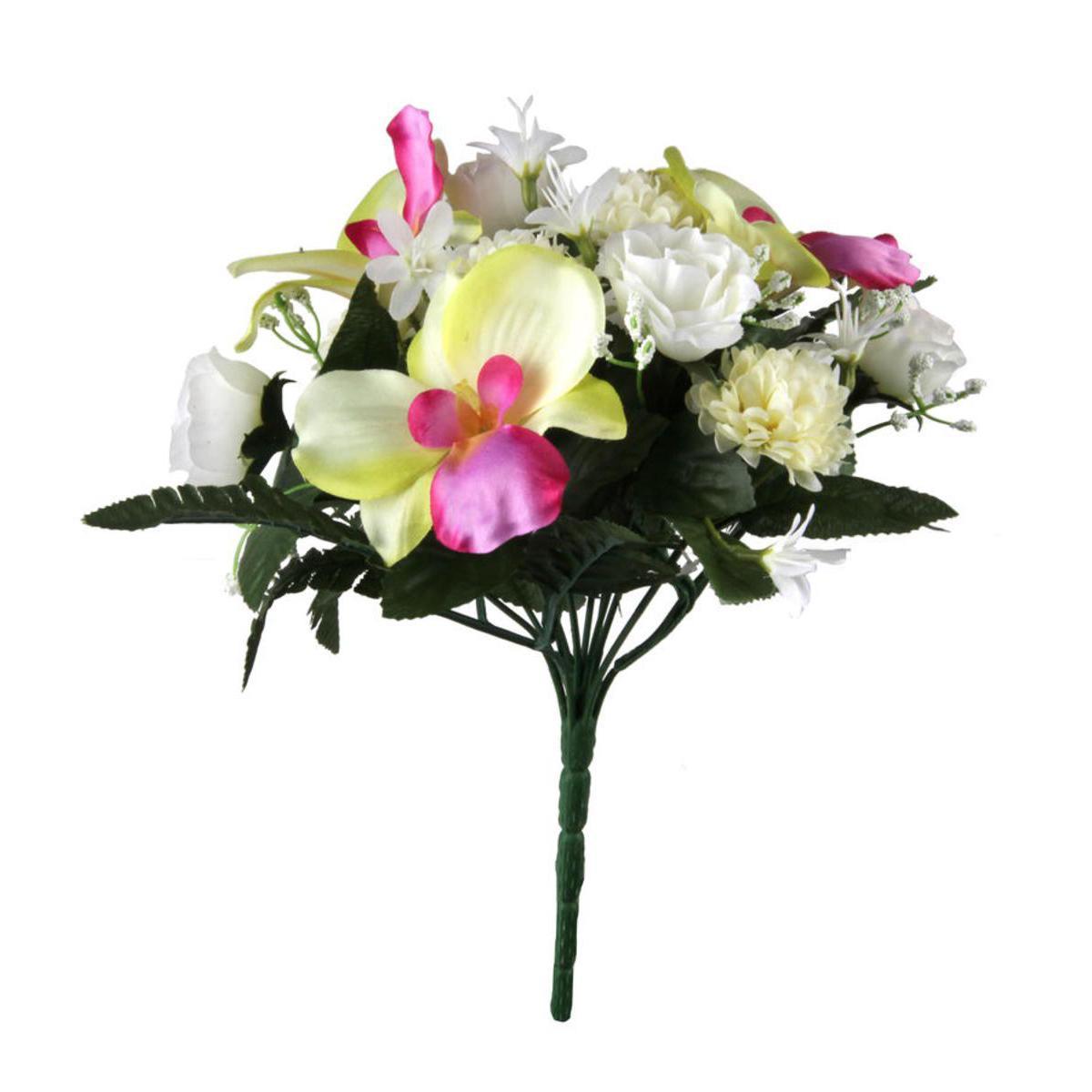 Bouquet d'orchidées - Plastique, Polyester - H 28 cm - Vert Rose Orange Rouge Jaune