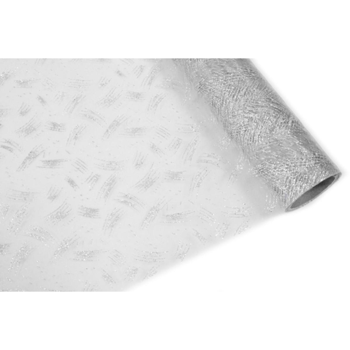 Chemin de table pailleté motifs traits - Organza - 28 cm x 5 m - Blanc et argent
