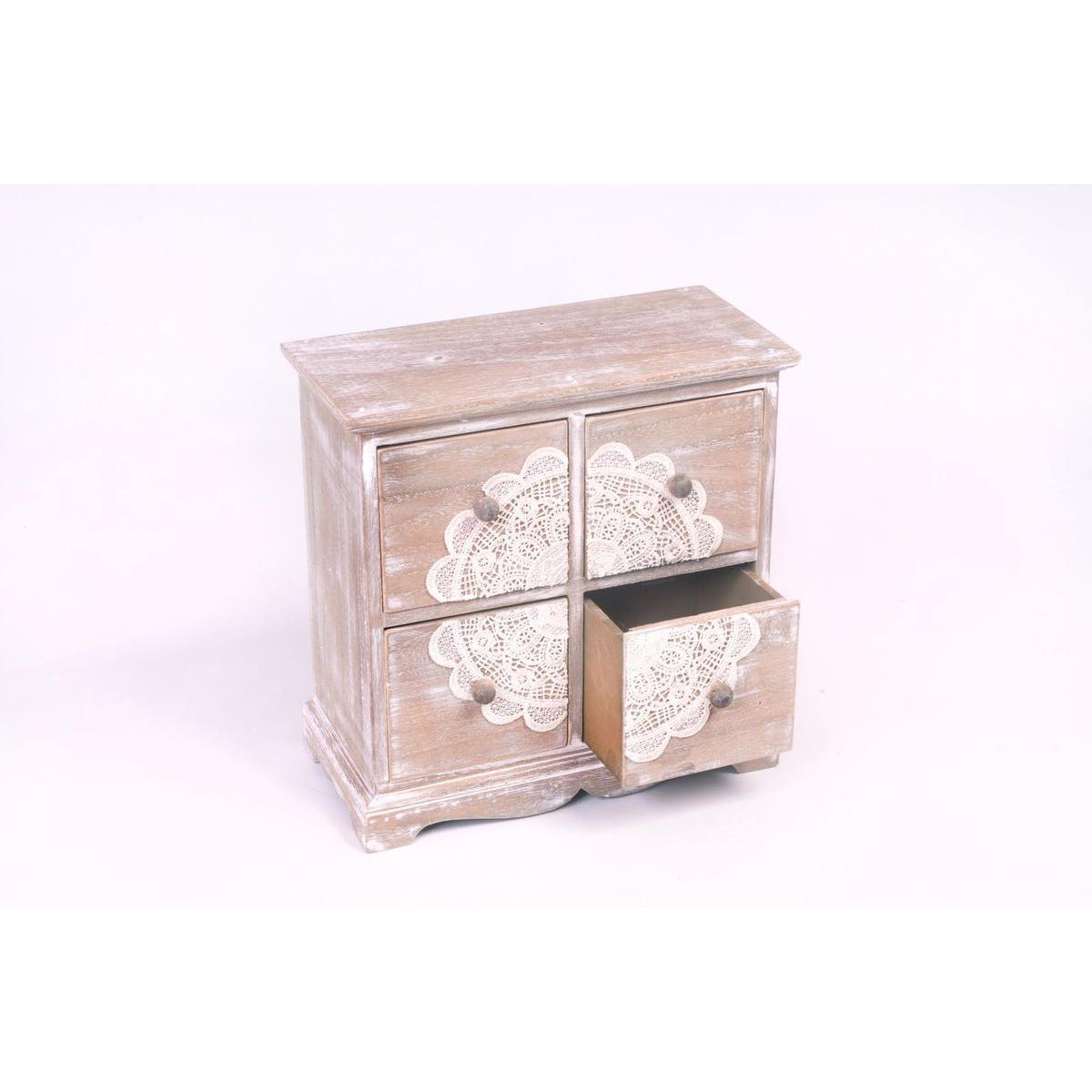 Boîte 4 tiroirs décor dentelle en bois - 24,3 x 12 x 24 cm - Marron