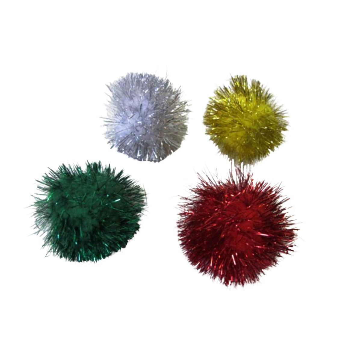 Lot de 4 Jouets boule de poils - Tissu - D 3,5 cm - Vert, blanc, rouge ou jaune