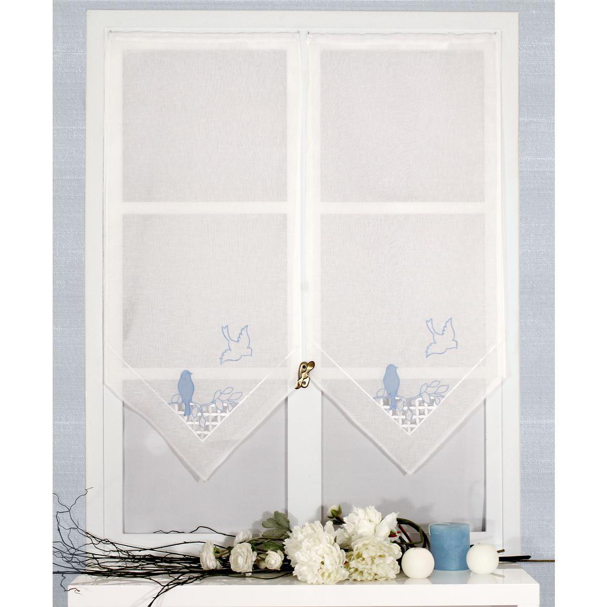 Paire de vitrages brodés - 100% polyester - 60 x 90 cm - Blanc, Bleu