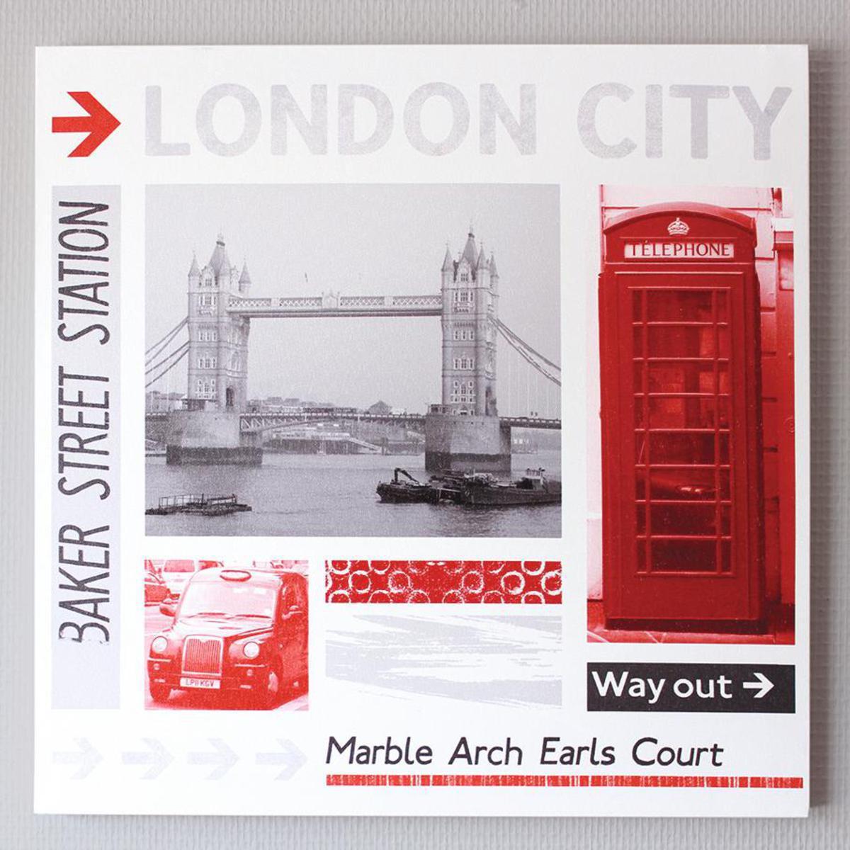 Toile imprimée Londres - Polyester et bois - 40 x 40 cm - Gris, Rouge