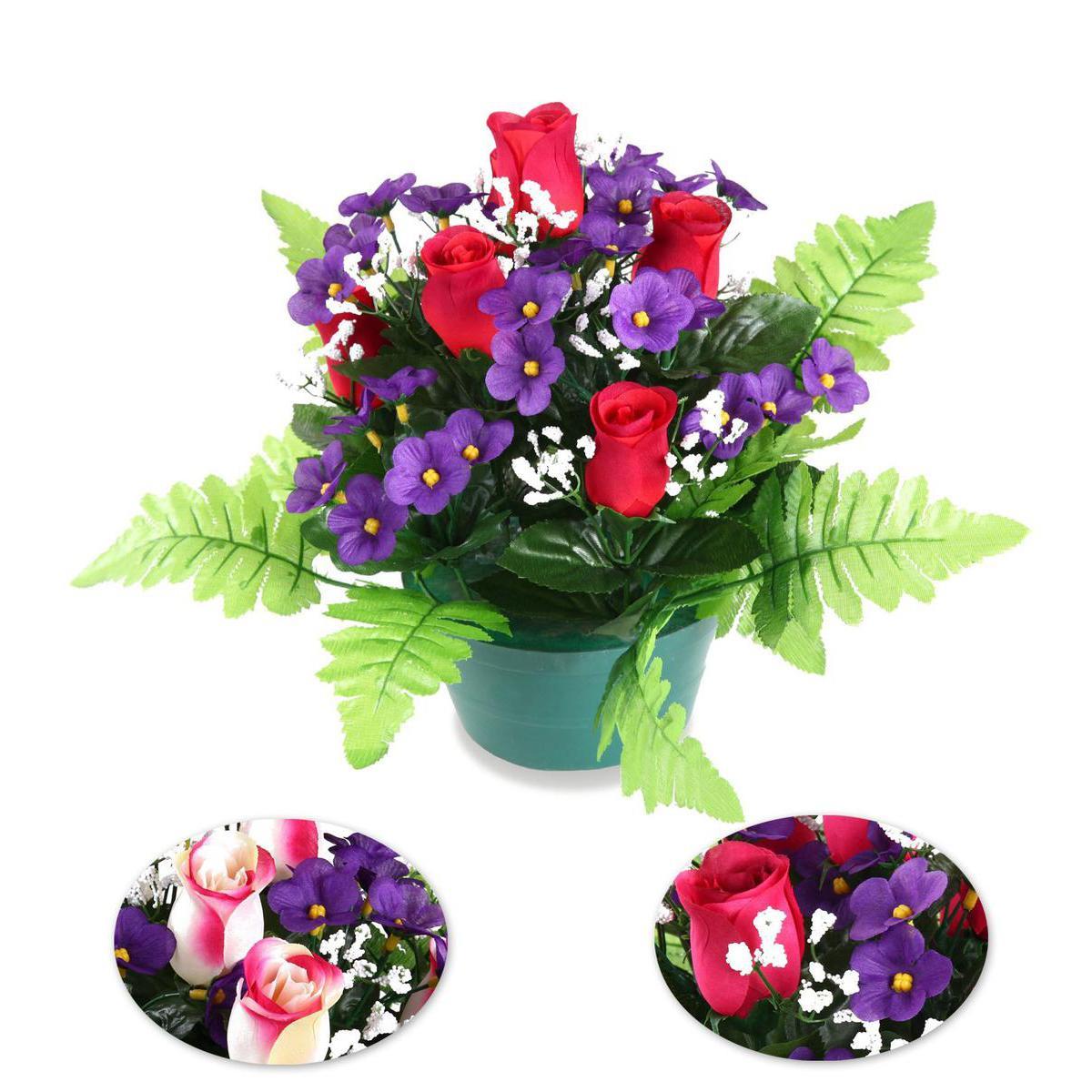 Composition de violettes et boutons de roses - Plastique, Polyester - Diam 14 x 24 cm - Rose Violet Rouge