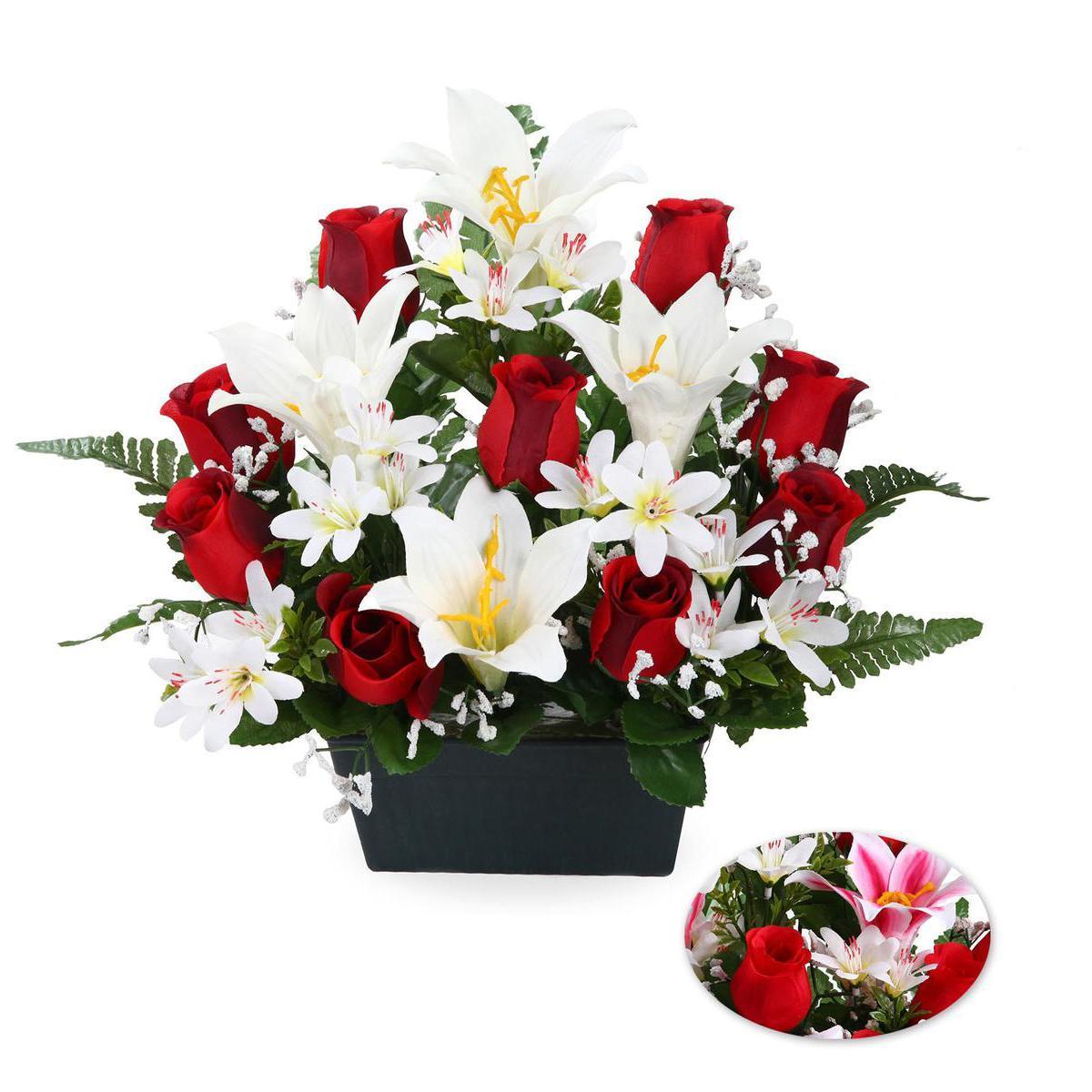 Jardinière boutons de rose et lys - Plastique, Polyester - 16 x 10 x 33 cm - Rouge Blanc Rose