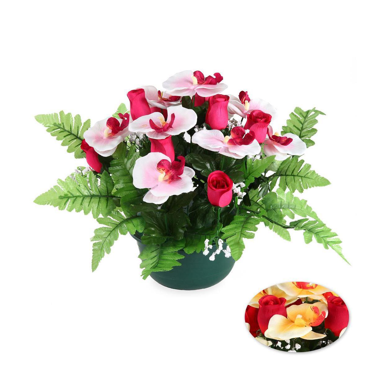Composition boutons de roses orchidées - Plastique, Polyester - Diam 19 x 31 cm - Rose Rouge Orange