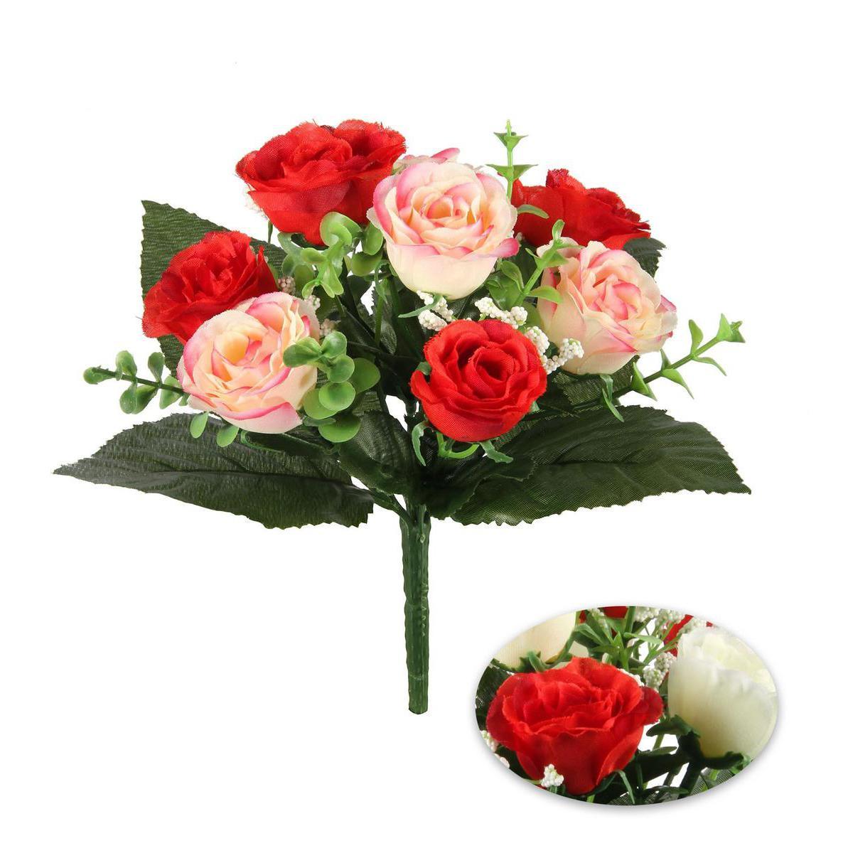 Bouquet de roses - Plastique, Polyester - H 28 cm - Blanc Rouge Rose