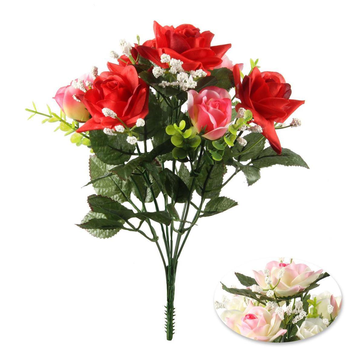 Bouquet de roses et gypsophile - Plastique, Polyester - H 32 cm - Rose Beige Rouge