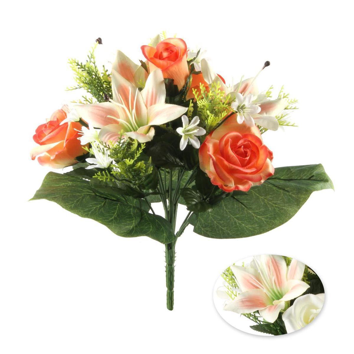 Bouquet de roses et lys - Plastique, Polyester - H 32 cm - Rose Beige